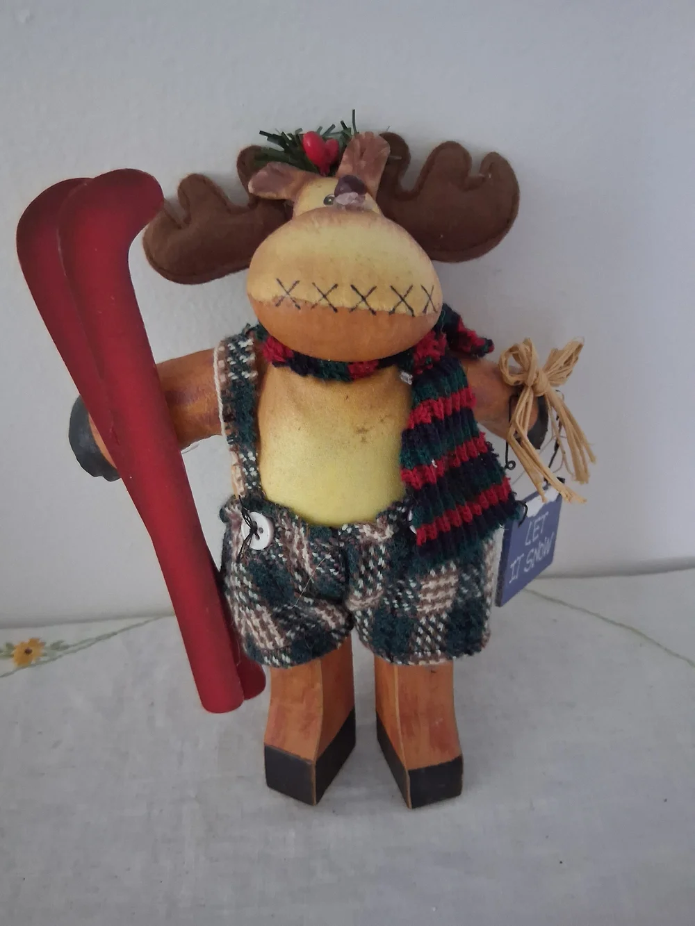 Festive Plush Moose Holiday Ornament in Brown, Red, and Green